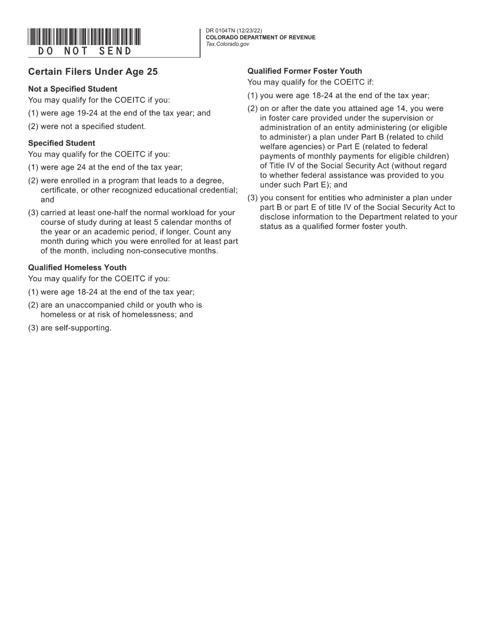 Form DR0104TN Colorado Earned Income Tax Credit Checklist for Itin Filers or Certain Filers Under Age 25 - Colorado, Page 2