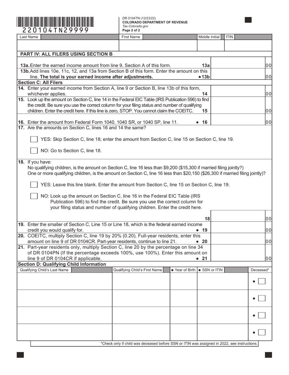 Form DR0104TN Colorado Earned Income Tax Credit Checklist for Itin Filers or Certain Filers Under Age 25 - Colorado, Page 6