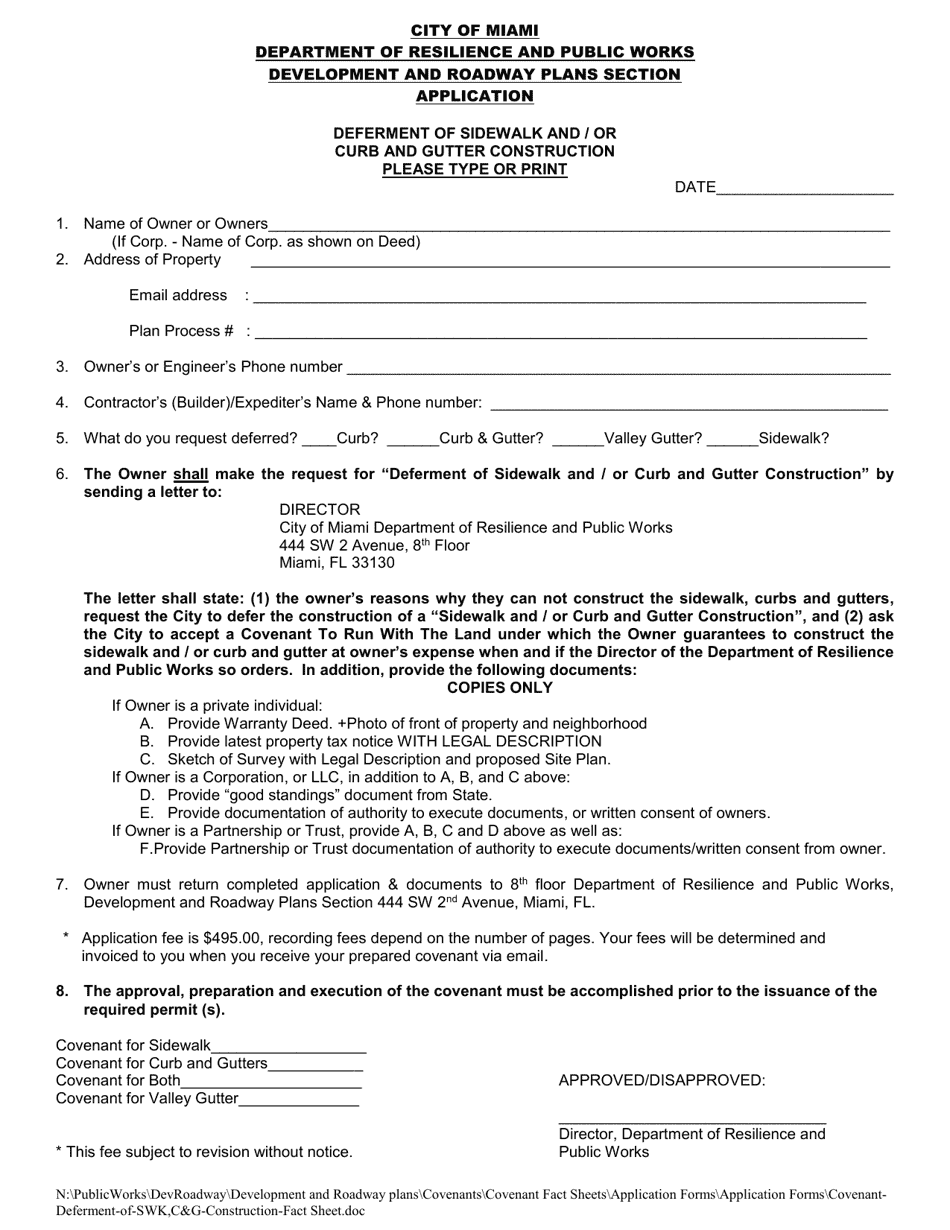 Deferment of Sidewalk and / or Curb and Gutter Construction Application - City of Miami, Florida, Page 1