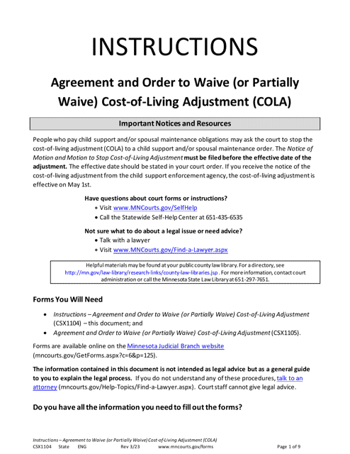 Form CSX1104 Instructions - Agreement and Order to Waive (Or Partially Waive) Cost-Of-Living Adjustment (Cola) - Minnesota