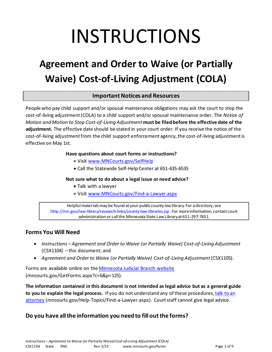 Form CSX1104 Instructions - Agreement and Order to Waive (Or Partially Waive) Cost-Of-Living Adjustment (Cola) - Minnesota, Page 1