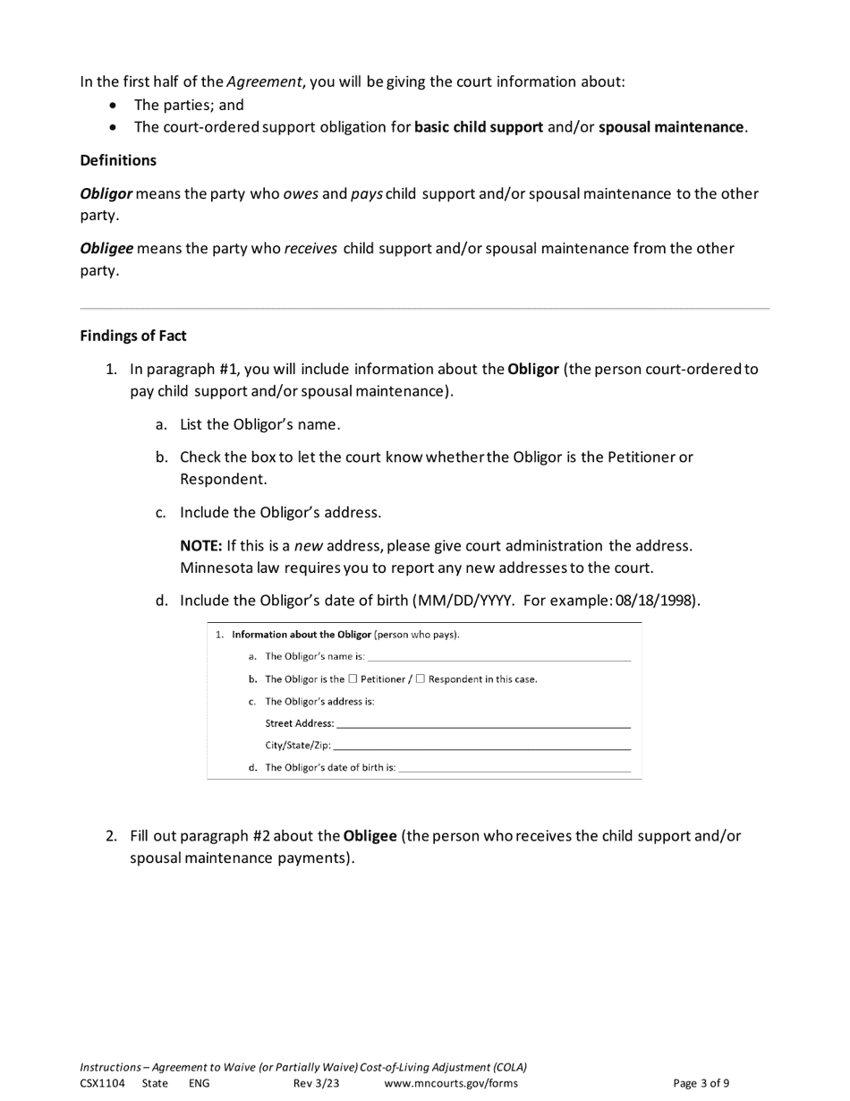 Form CSX1104 Instructions - Agreement and Order to Waive (Or Partially Waive) Cost-Of-Living Adjustment (Cola) - Minnesota, Page 3
