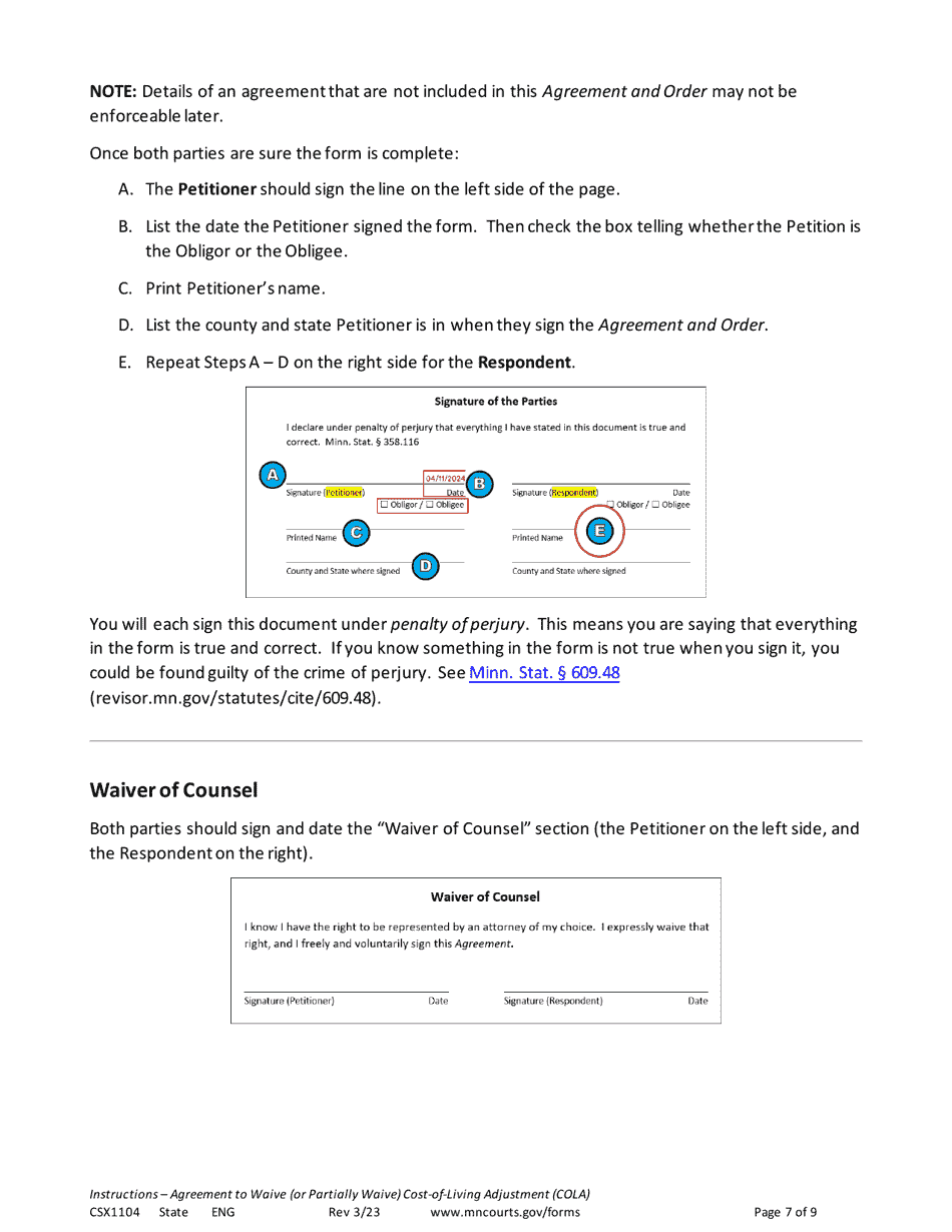 Form CSX1104 Instructions - Agreement and Order to Waive (Or Partially Waive) Cost-Of-Living Adjustment (Cola) - Minnesota, Page 7
