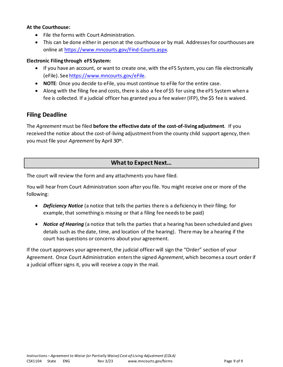 Form CSX1104 Instructions - Agreement and Order to Waive (Or Partially Waive) Cost-Of-Living Adjustment (Cola) - Minnesota, Page 9