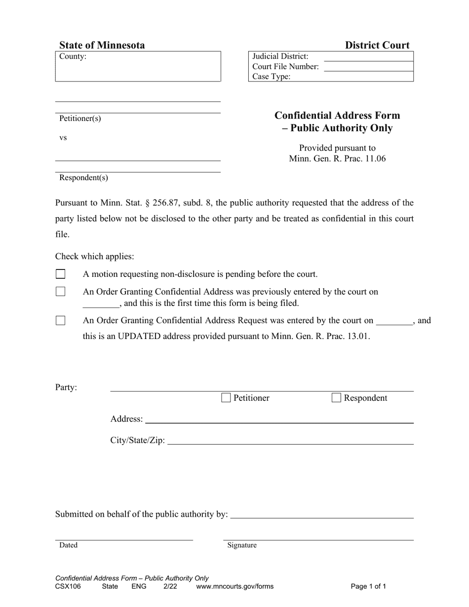 Form CSX106 Confidential Address Form - Public Authority Only - Minnesota, Page 1