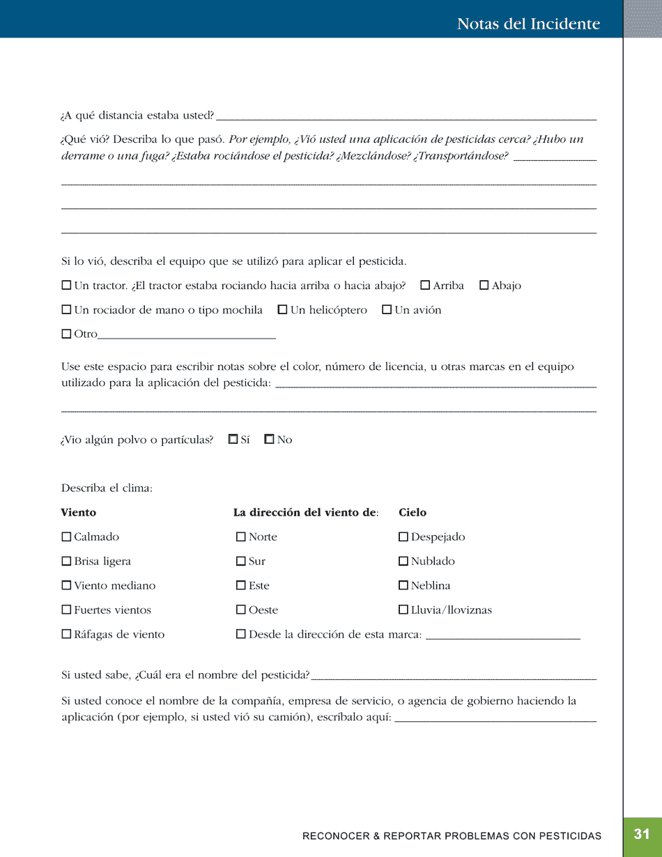 Formulario Para Anotar Un Incidente De Pesticidas - California (Spanish), Page 2
