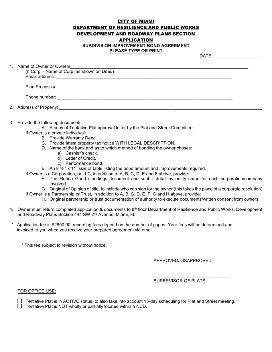 Subdivision Improvement Bond Agreement - City of Miami, Florida, Page 1