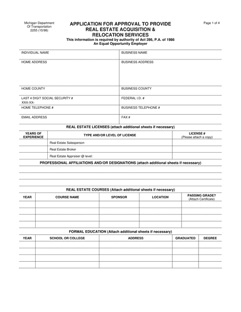 Form 2255 Application for Approval to Provide Real Estate Acquisition & Relocation Services - Michigan