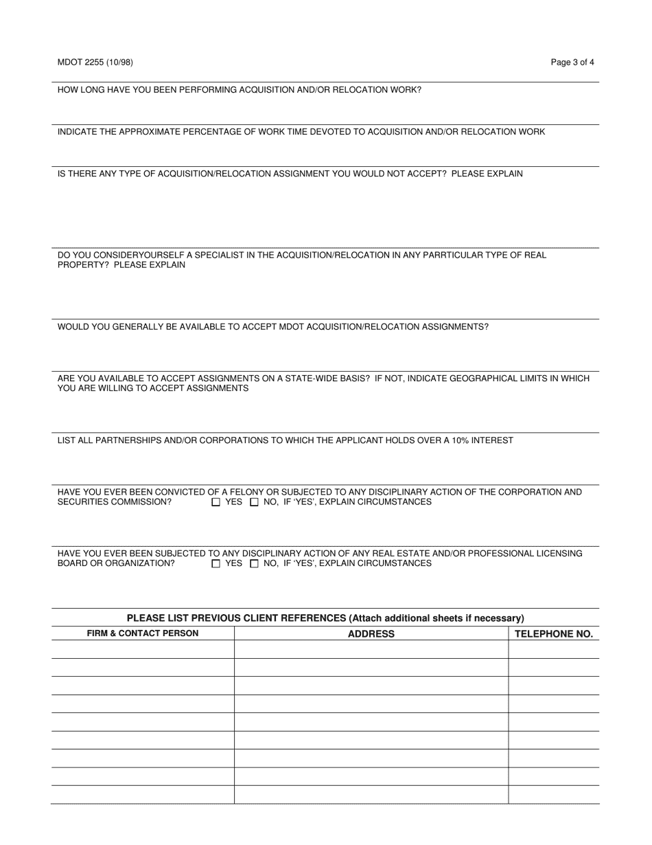 Form 2255 Application for Approval to Provide Real Estate Acquisition  Relocation Services - Michigan, Page 3