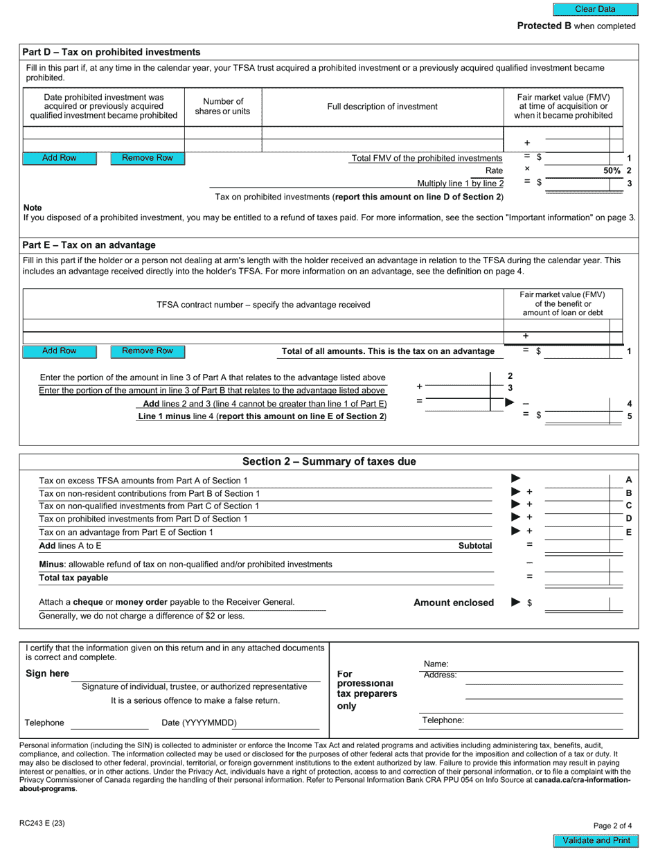 Form RC243 Tax-Free Savings Account (Tfsa) Return - Canada, Page 2