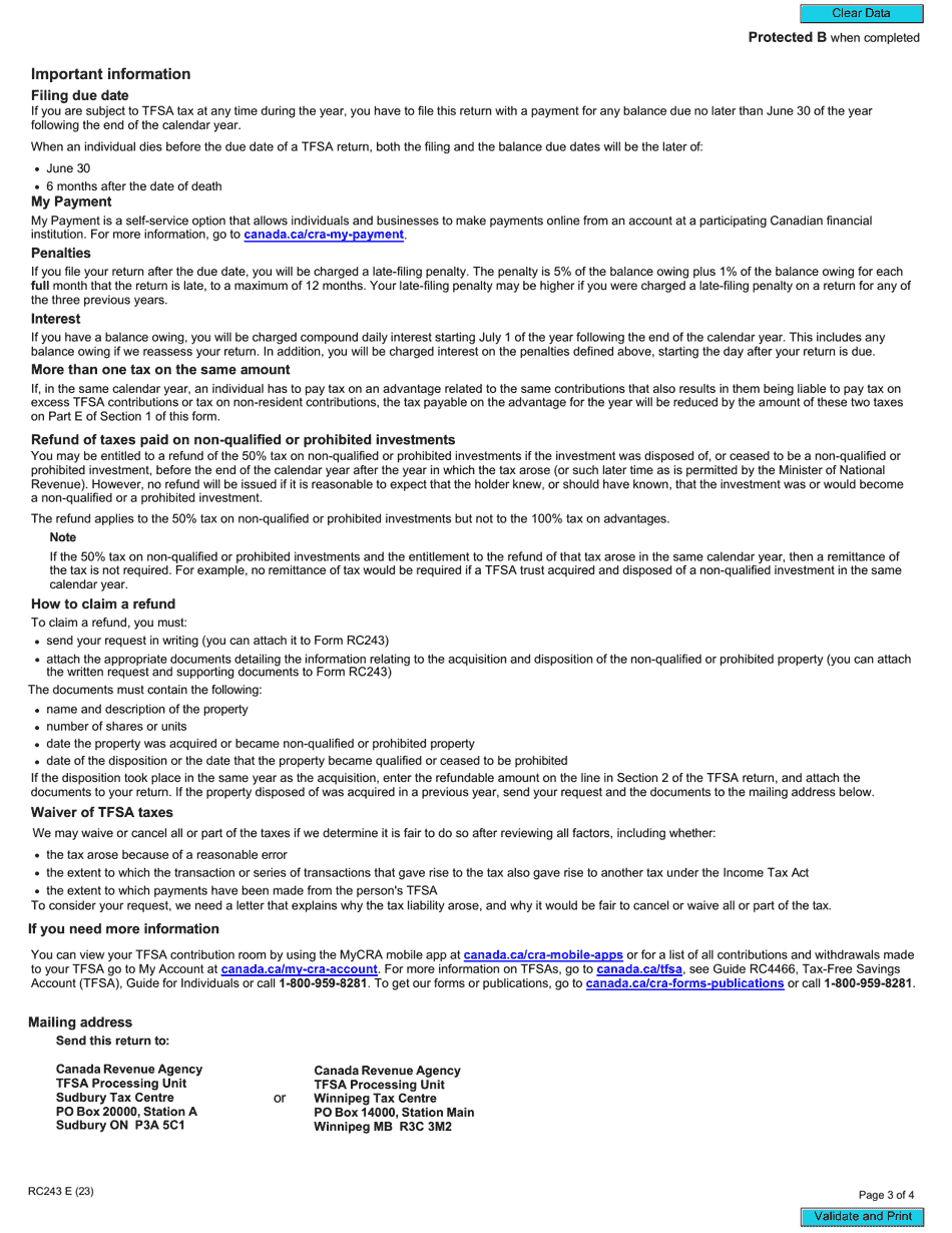 Form RC243 Tax-Free Savings Account (Tfsa) Return - Canada, Page 3