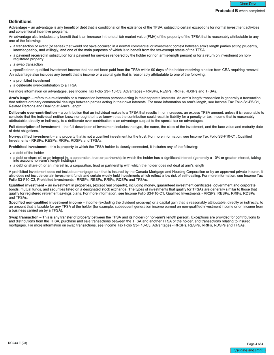 Form RC243 Tax-Free Savings Account (Tfsa) Return - Canada, Page 4