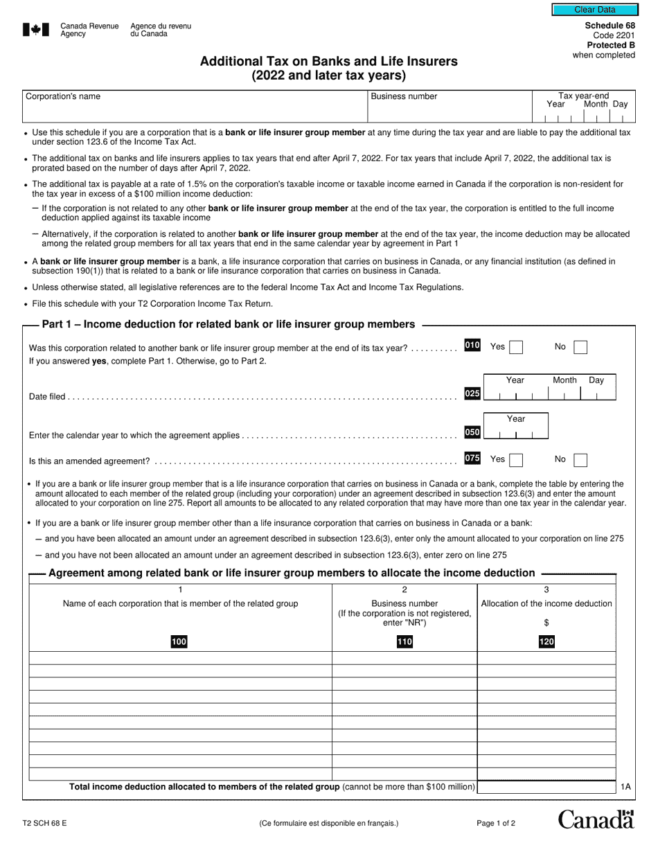 Form T2 Schedule 68 2022 Fill Out Sign Online And Download Fillable Pdf Canada 7357