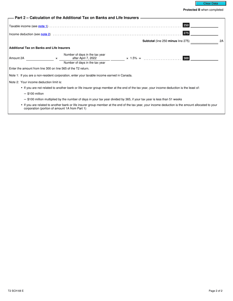 Form T2 Schedule 68 Additional Tax on Banks and Life Insurers (2022 and Later Tax Years) - Canada, Page 2