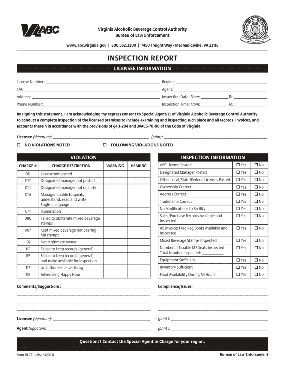Form EB-77-1 Inspection Report - Virginia, Page 1
