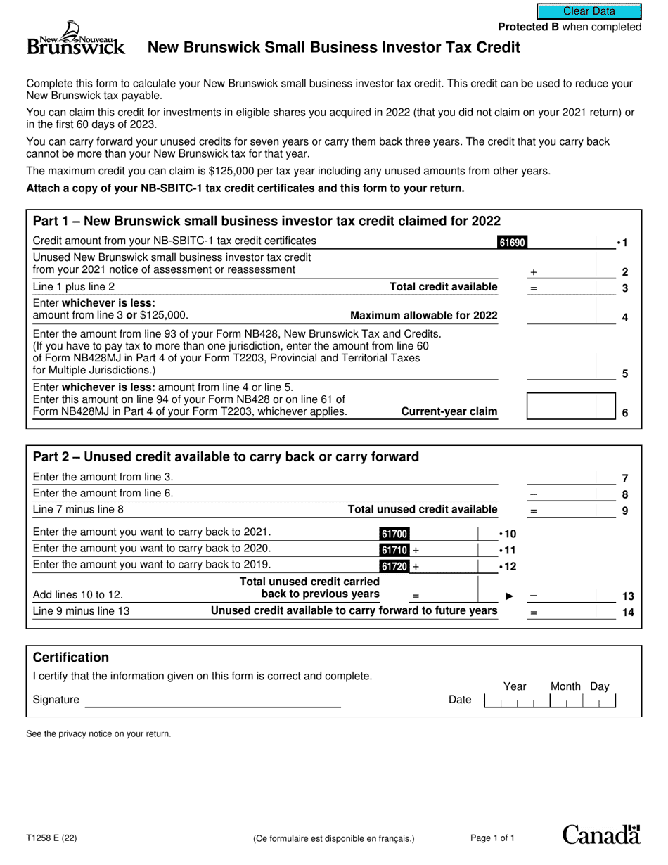 Form T1258 New Brunswick Small Business Investor Tax Credit - Canada, Page 1