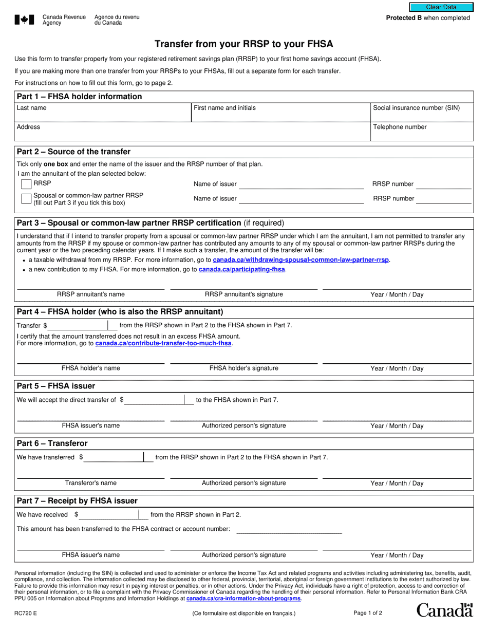 Form RC720 Transfer From Your Rrsp to Your Fhsa - Canada, Page 1