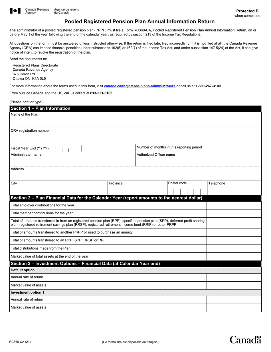 Form RC368-CA Pooled Registered Pension Plan Annual Information Return - Canada, Page 1