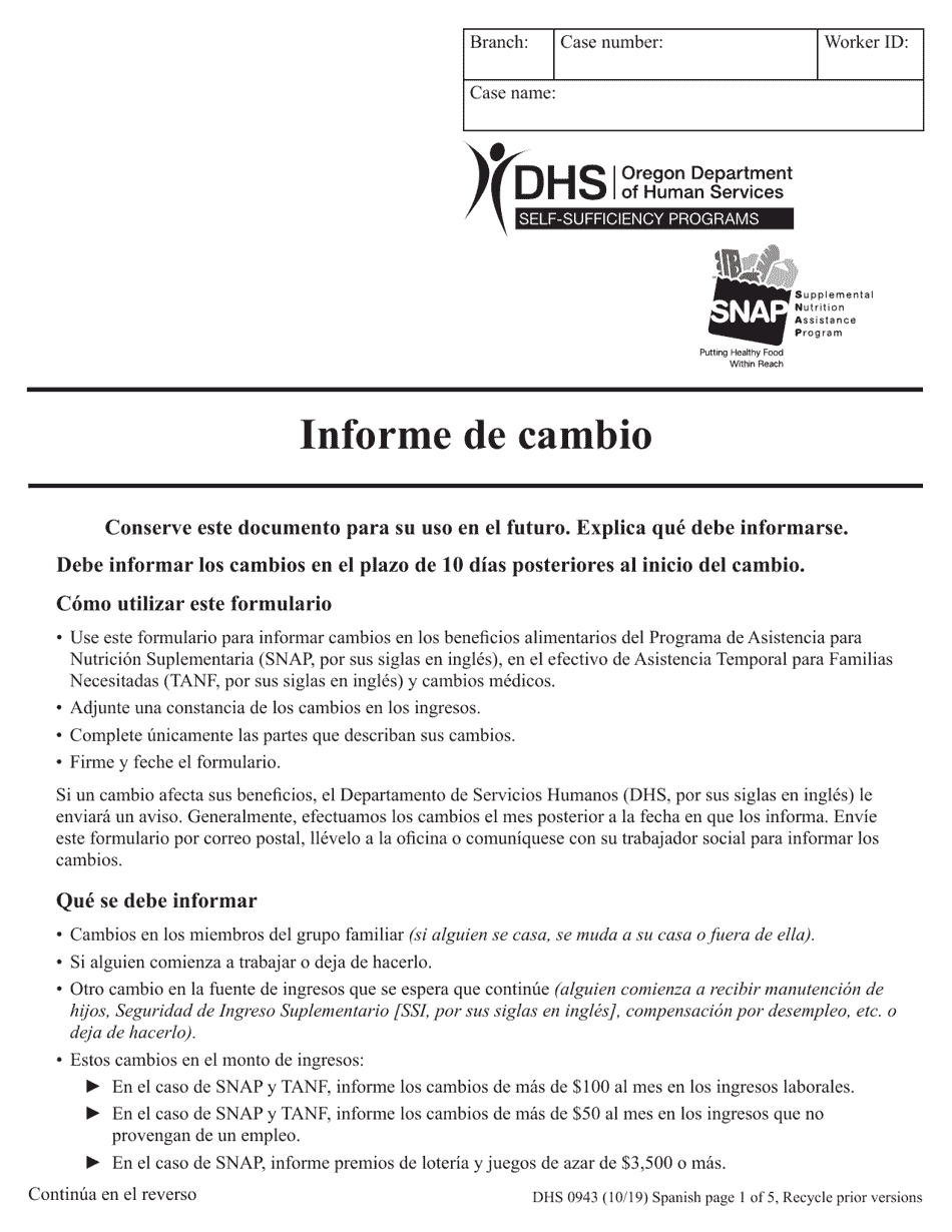 Formulario DHS0943 Informe De Cambio - Oregon (Spanish), Page 1