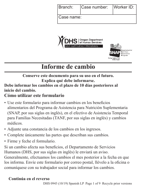 Formulario DHS0943 Informe De Cambio (Large Print) - Oregon (Spanish)