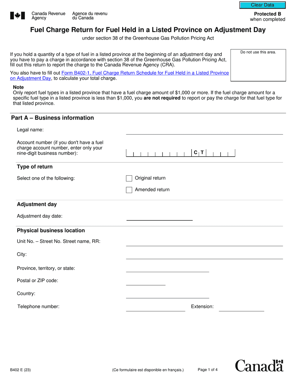 Form B402 Download Fillable PDF or Fill Online Fuel Charge Return for