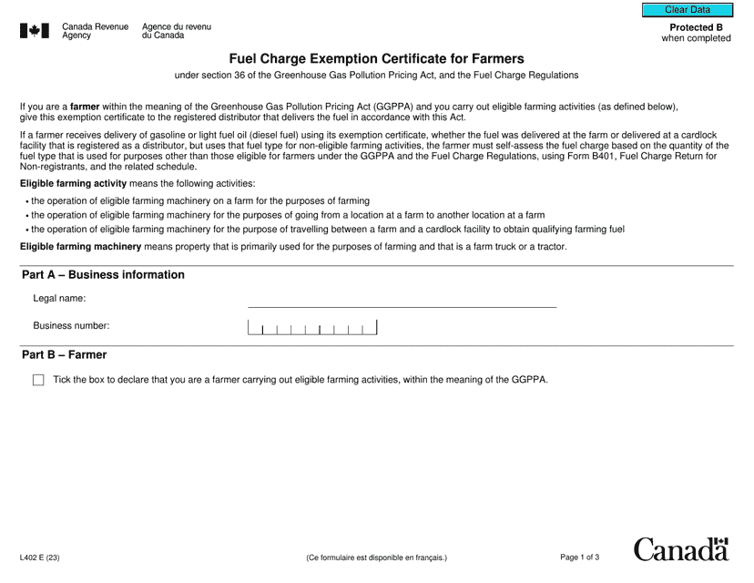 Form L402 Fuel Charge Exemption Certificate for Farmers - Canada