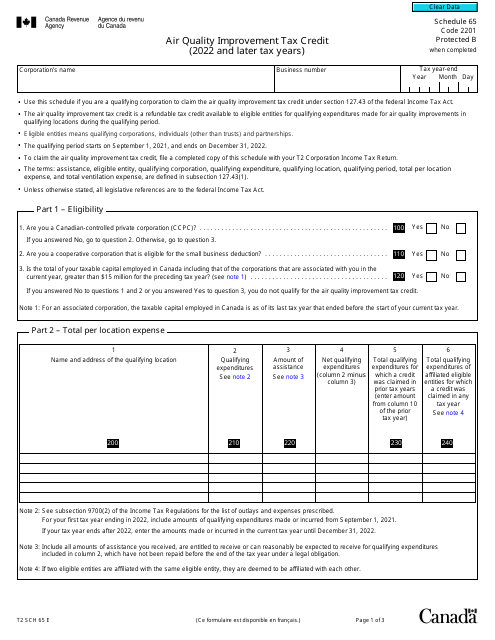 Form T2 Schedule 65 2022 Printable Pdf