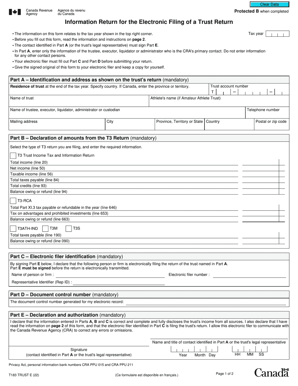 Form T183 TRUST Information Return for the Electronic Filing of a Trust Return - Canada, Page 1