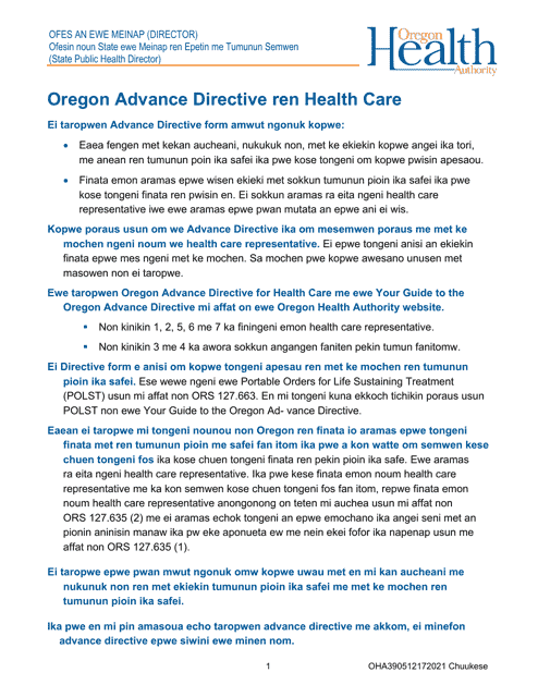 Form OHA3905 Oregon Advance Directive for Health Care - Oregon (Chuukese)