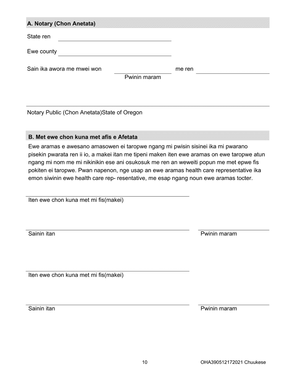 Form OHA3905 Oregon Advance Directive for Health Care - Oregon (Chuukese), Page 10