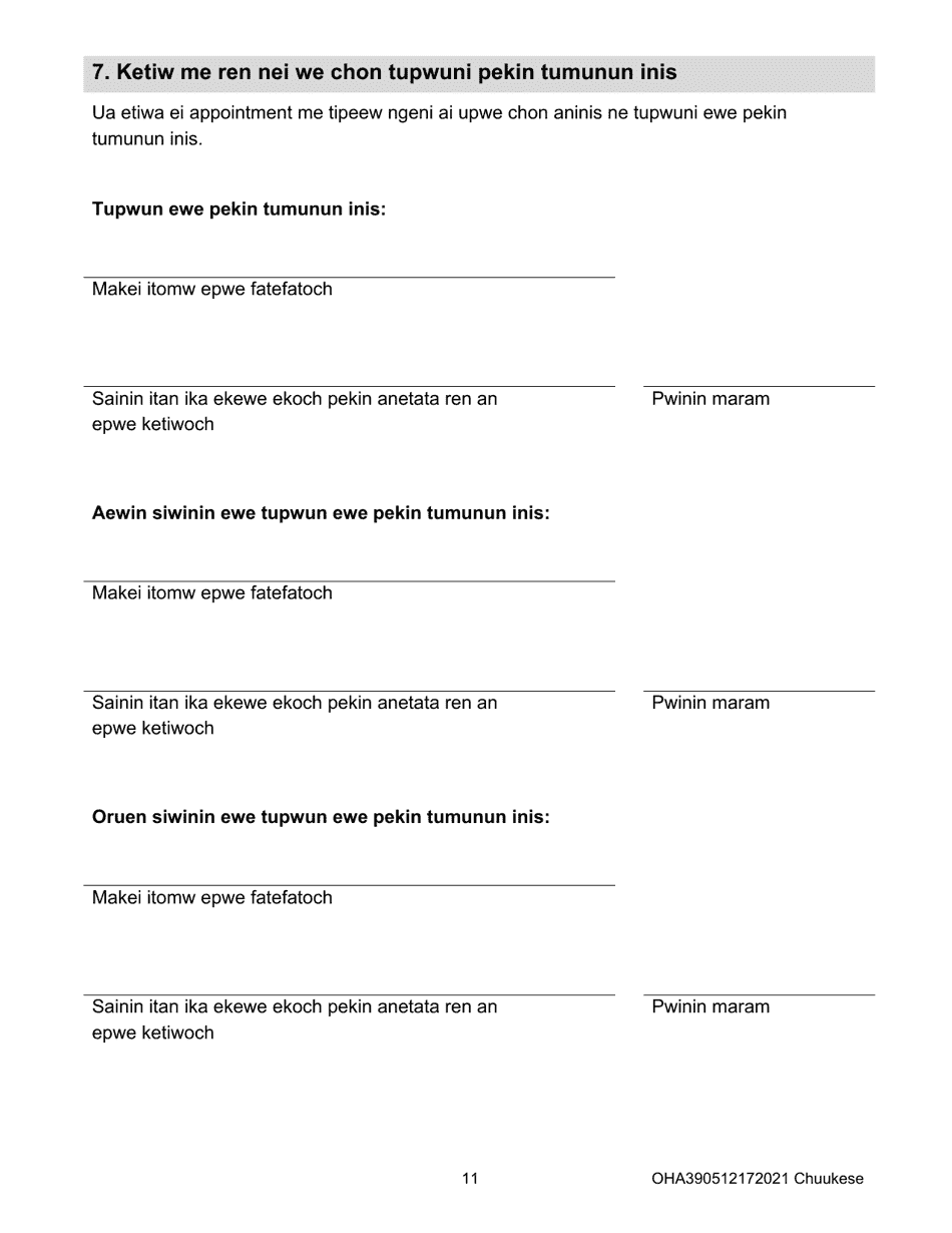 Form OHA3905 Oregon Advance Directive for Health Care - Oregon (Chuukese), Page 11