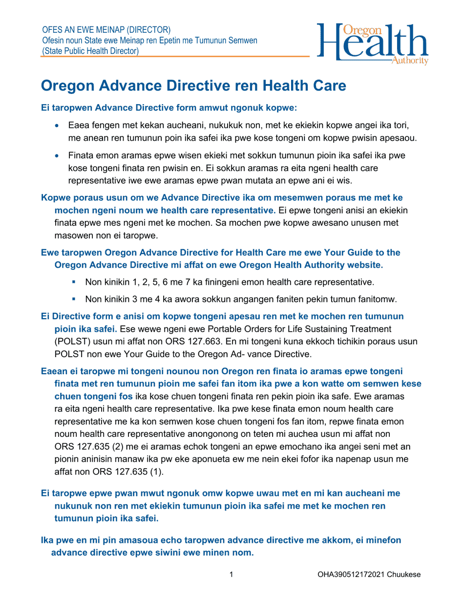 Form OHA3905 Oregon Advance Directive for Health Care - Oregon (Chuukese), Page 1