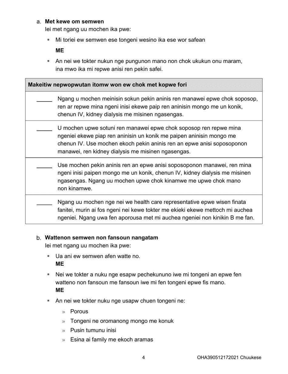 Form OHA3905 Oregon Advance Directive for Health Care - Oregon (Chuukese), Page 4