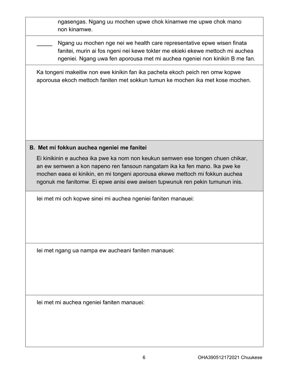 Form OHA3905 Oregon Advance Directive for Health Care - Oregon (Chuukese), Page 6
