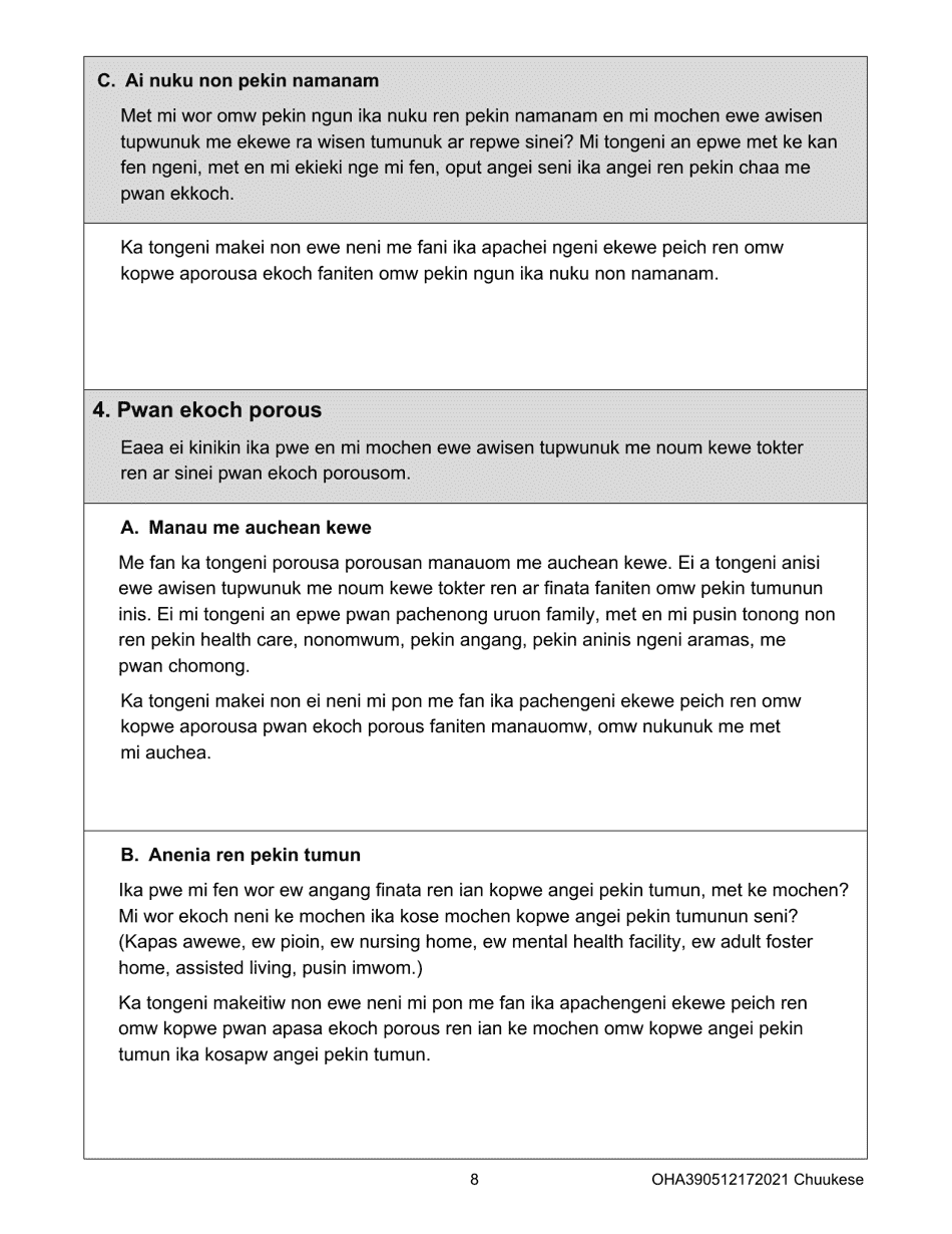Form OHA3905 Oregon Advance Directive for Health Care - Oregon (Chuukese), Page 8