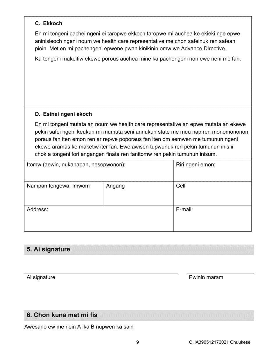 Form OHA3905 Oregon Advance Directive for Health Care - Oregon (Chuukese), Page 9