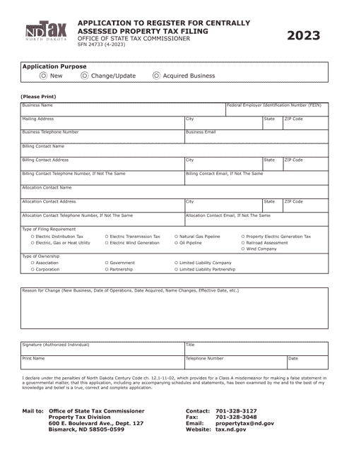 Form SFN24733 Application to Register for Centrally Assessed Property Tax Filing - North Dakota, 2023