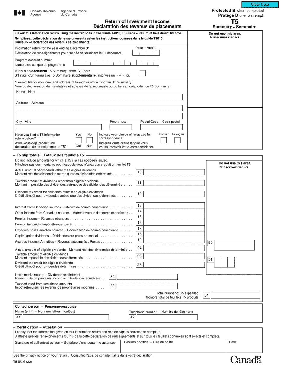 Form T5 SUM Download Fillable PDF or Fill Online Return of Investment