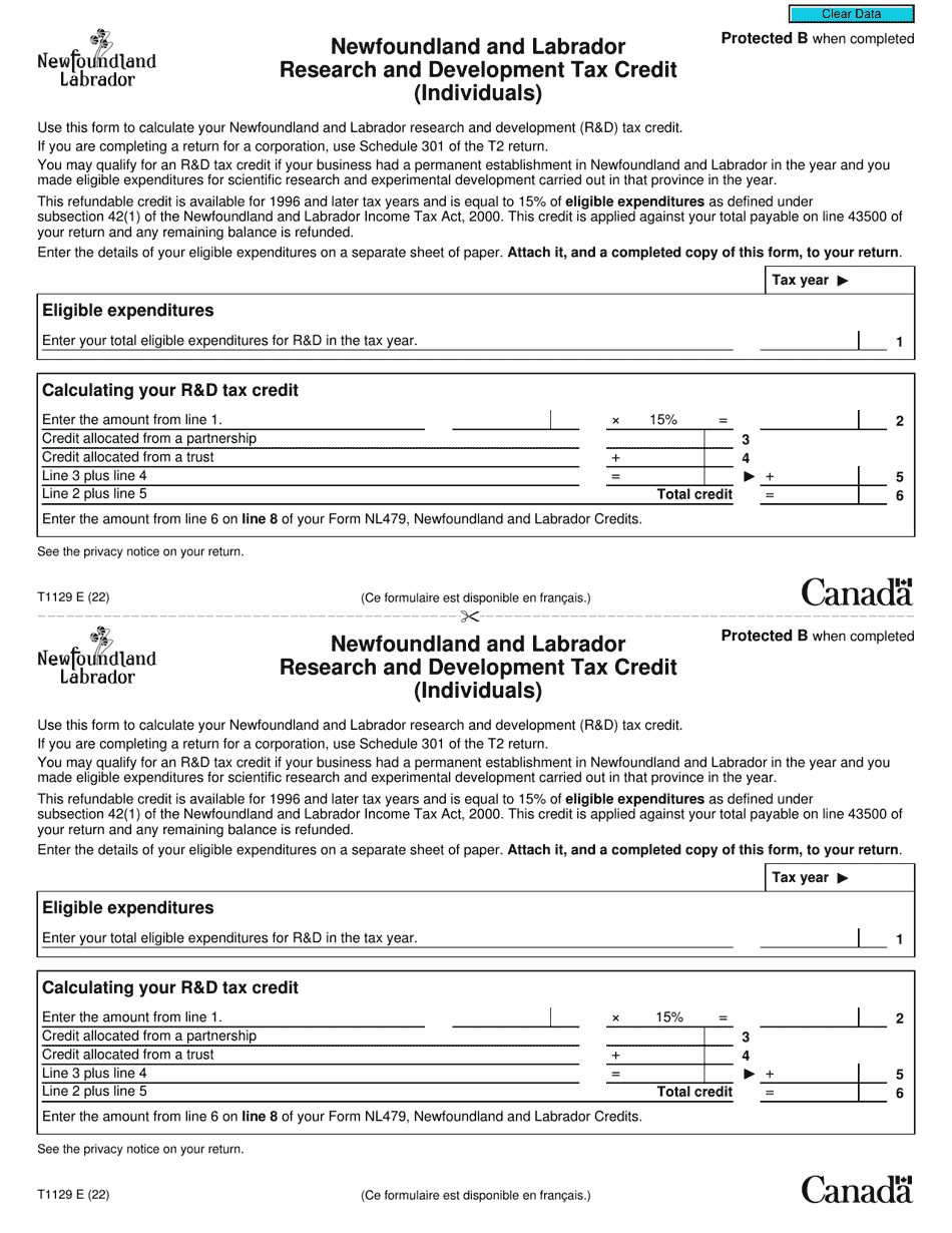 Form T1129 Newfoundland and Labrador Research and Development Tax Credit (Individuals) - Canada, Page 1