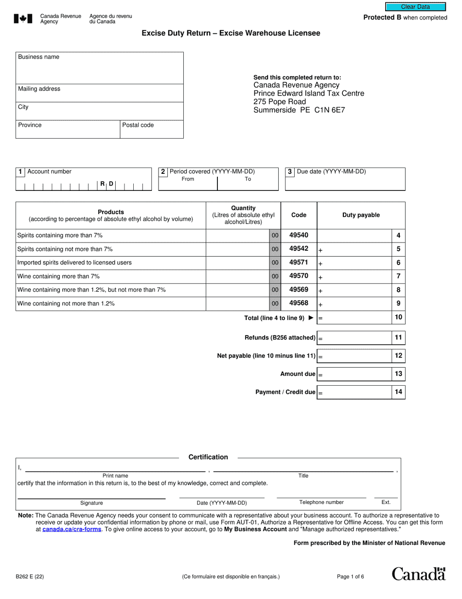 Form B262 Excise Duty Return - Excise Warehouse Licensee - Canada, Page 1