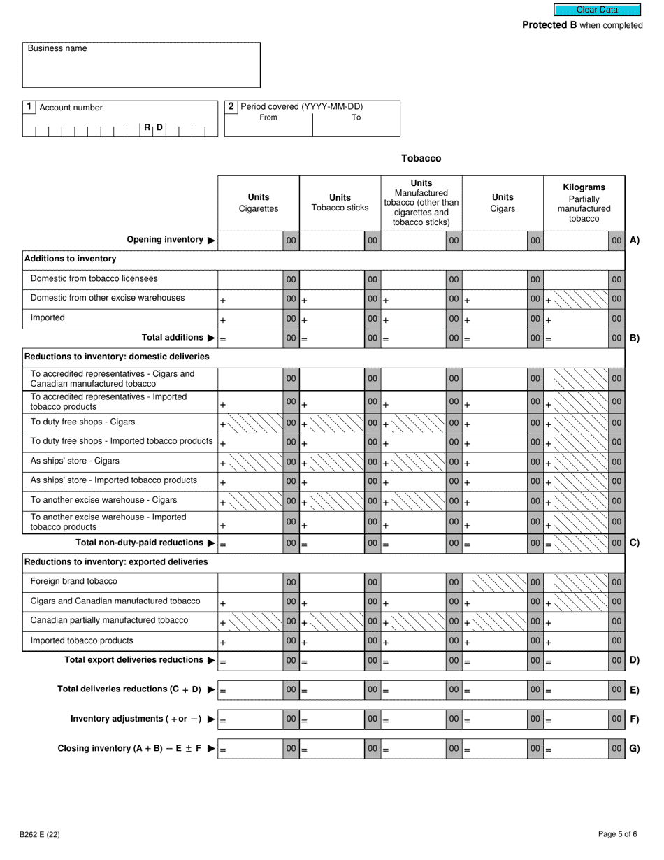 Form B262 Excise Duty Return - Excise Warehouse Licensee - Canada, Page 5