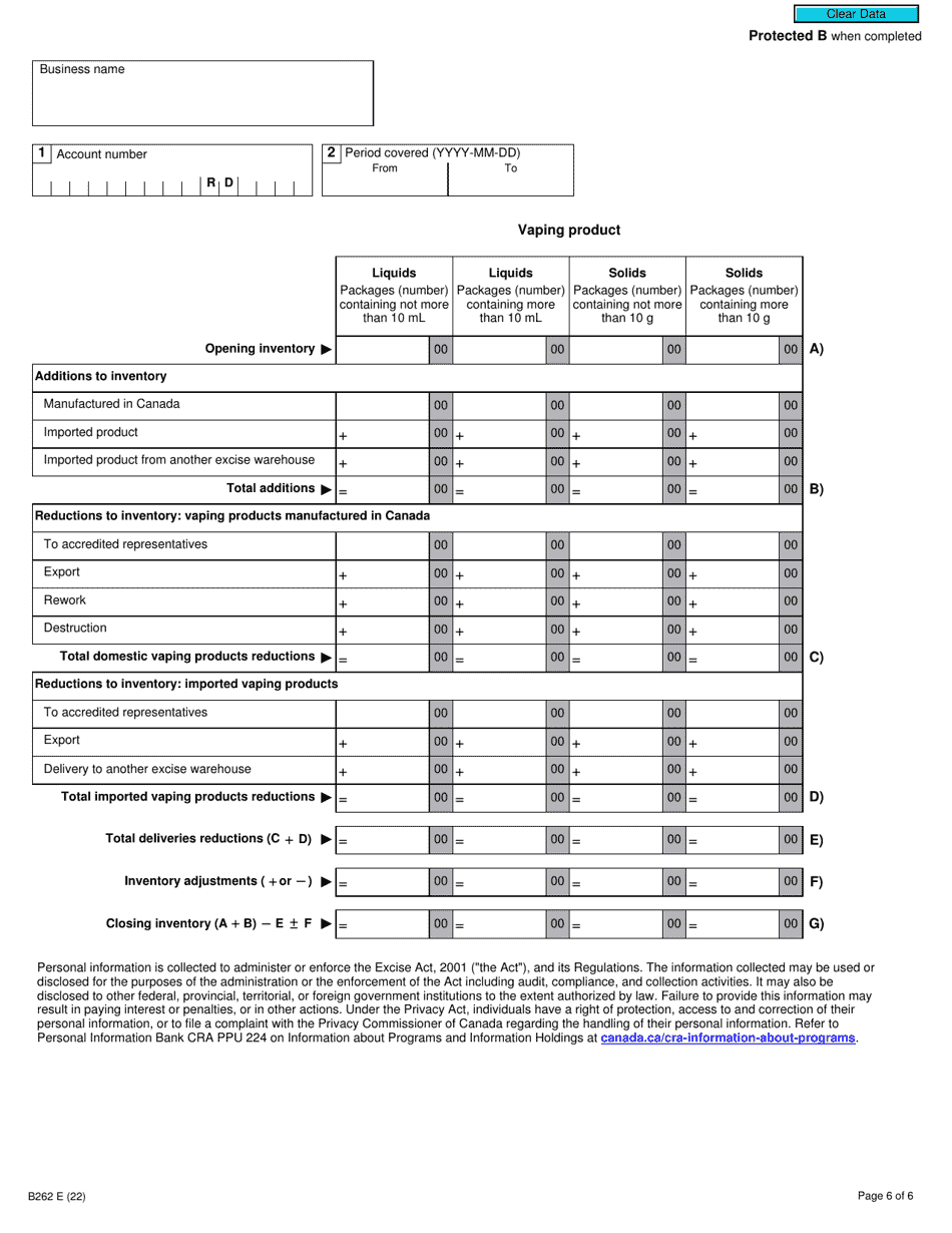 Form B262 Excise Duty Return - Excise Warehouse Licensee - Canada, Page 6