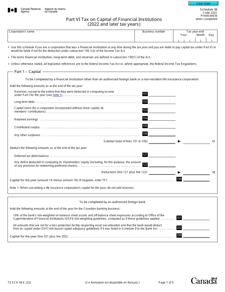 Form T2 Schedule 38 Part VI Tax on Capital of Financial Institutions (2022 and Later Tax Years) - Canada, Page 1