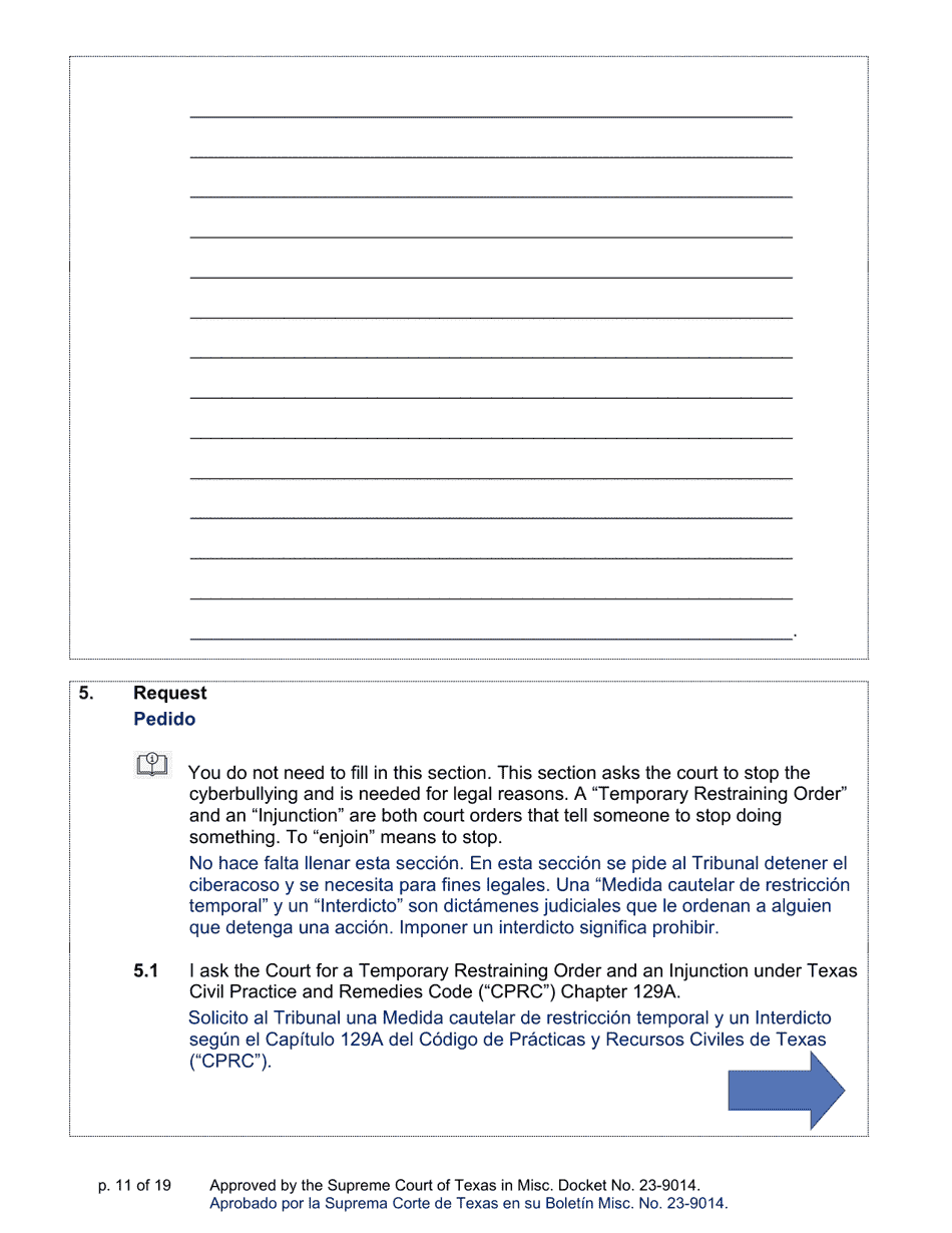 Sworn Application and Petition to Stop Cyberbullying Under Texas Civil Practice and Remedies Code Chapter 129a - Texas (English / Spanish), Page 11