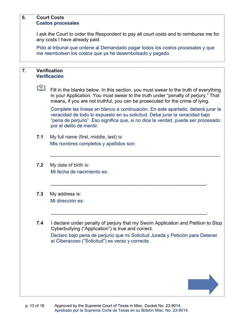 Sworn Application and Petition to Stop Cyberbullying Under Texas Civil Practice and Remedies Code Chapter 129a - Texas (English / Spanish), Page 13