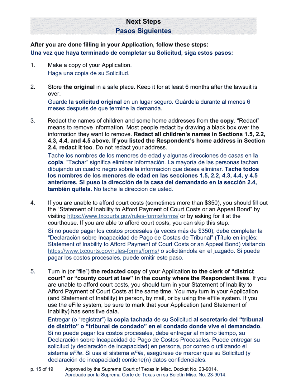 Sworn Application and Petition to Stop Cyberbullying Under Texas Civil Practice and Remedies Code Chapter 129a - Texas (English / Spanish), Page 15