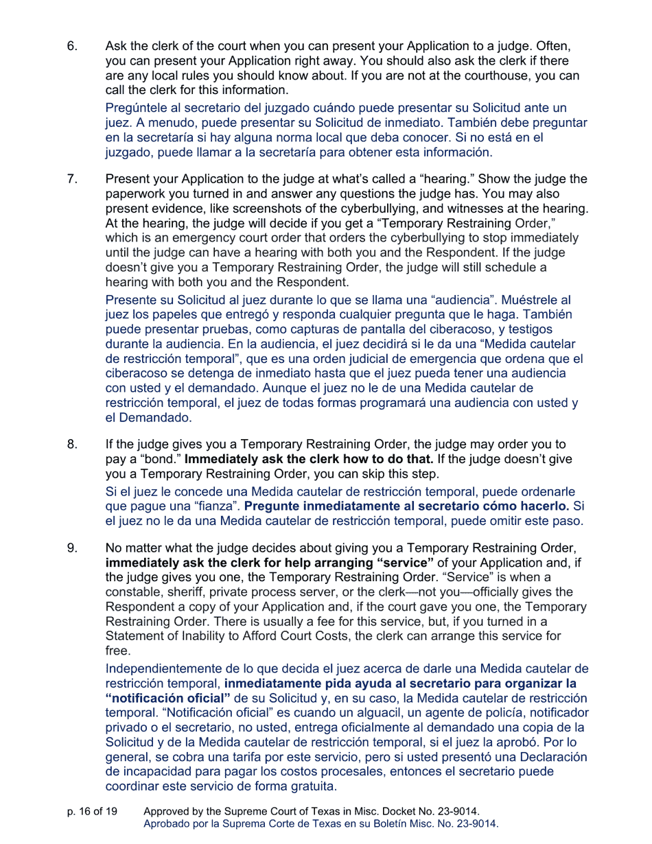Sworn Application and Petition to Stop Cyberbullying Under Texas Civil Practice and Remedies Code Chapter 129a - Texas (English / Spanish), Page 16