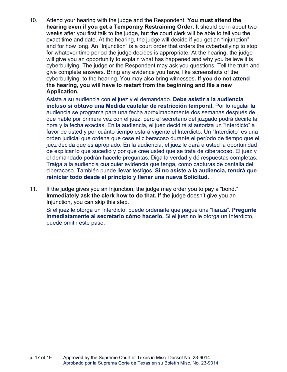 Sworn Application and Petition to Stop Cyberbullying Under Texas Civil Practice and Remedies Code Chapter 129a - Texas (English / Spanish), Page 17