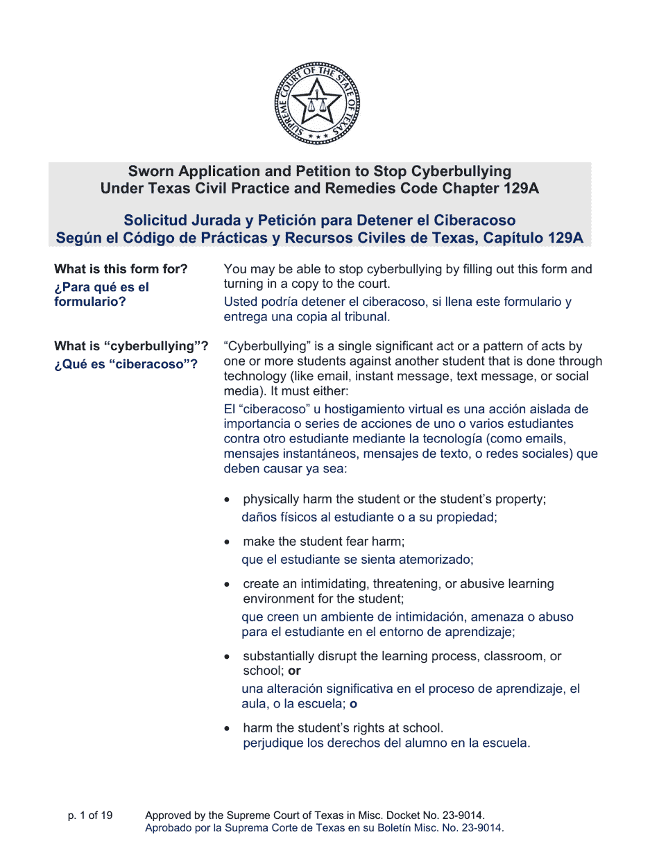 Sworn Application and Petition to Stop Cyberbullying Under Texas Civil Practice and Remedies Code Chapter 129a - Texas (English / Spanish), Page 1