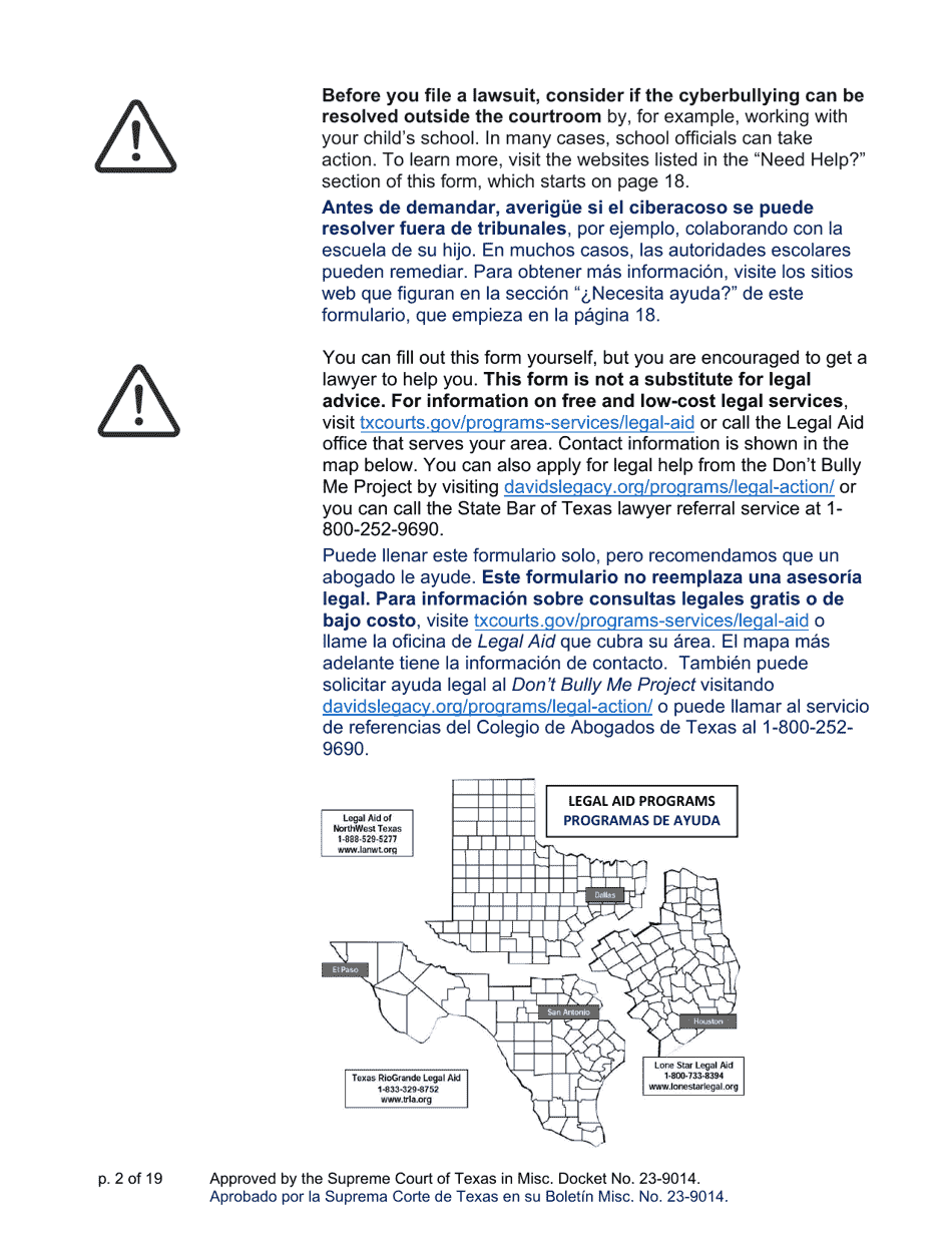 Sworn Application and Petition to Stop Cyberbullying Under Texas Civil Practice and Remedies Code Chapter 129a - Texas (English / Spanish), Page 2